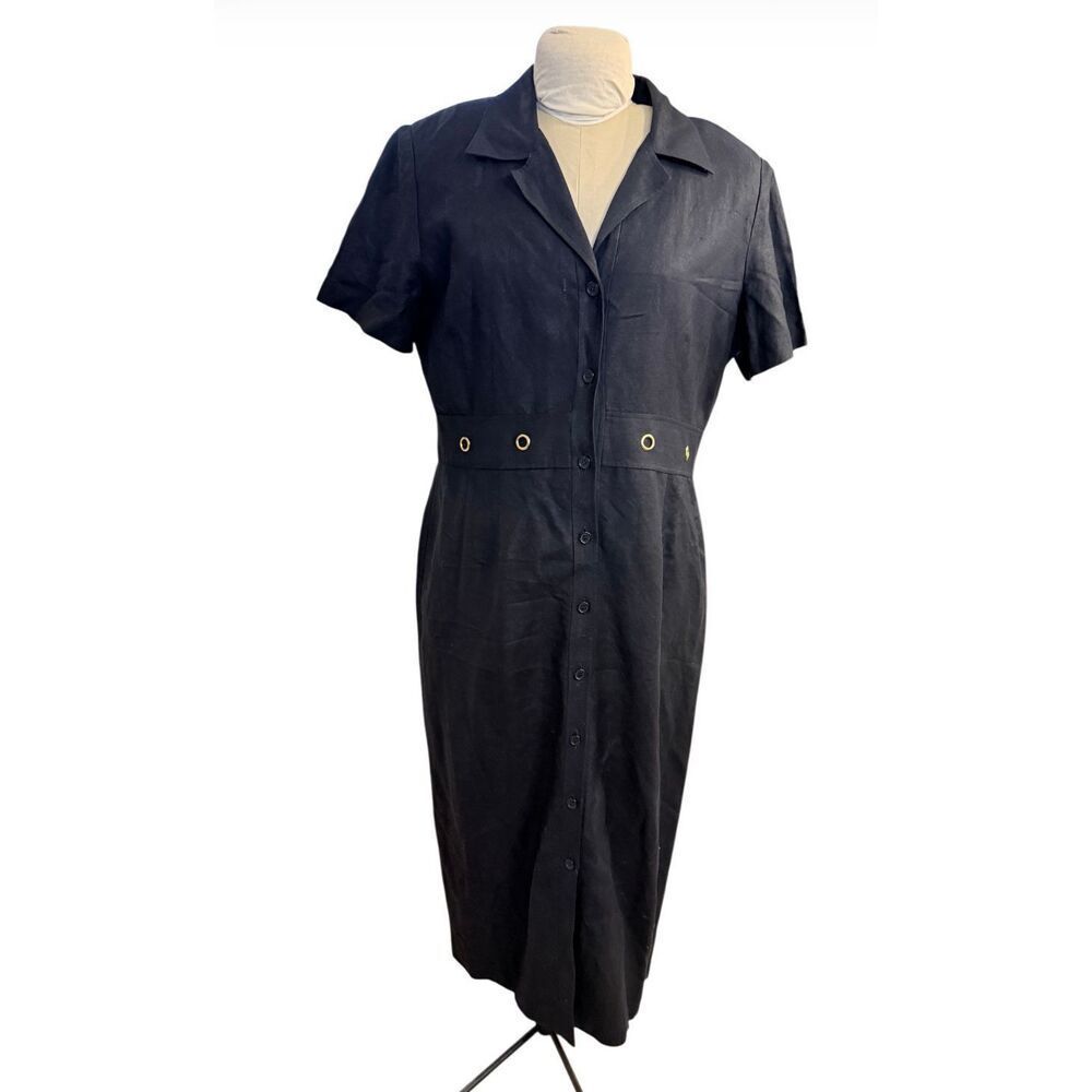 Positive Attitude Linen Blend Button Front Midi Dress Black Sz. 16
